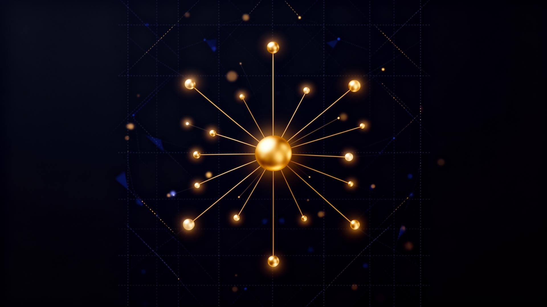 Abstract constellation of corroborating signals converging on a single luminous focal point